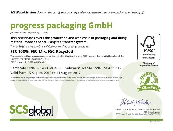Certifikát FSC recyklovaných krabic