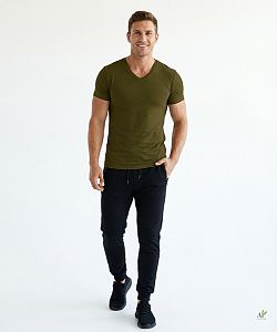 Pánské funkční triko SLIM "V" krátký rukáv KHAKI Bamboo Ultra CLASSIC