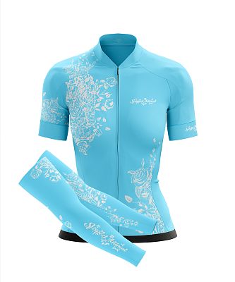 Dámský cyklistický dres FLOWERS BABY BLUE s návleky na ruce